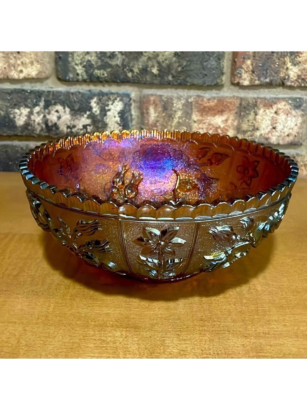 Imperial "Open Rose" Amber Iridescent Carnival Glass Bowl